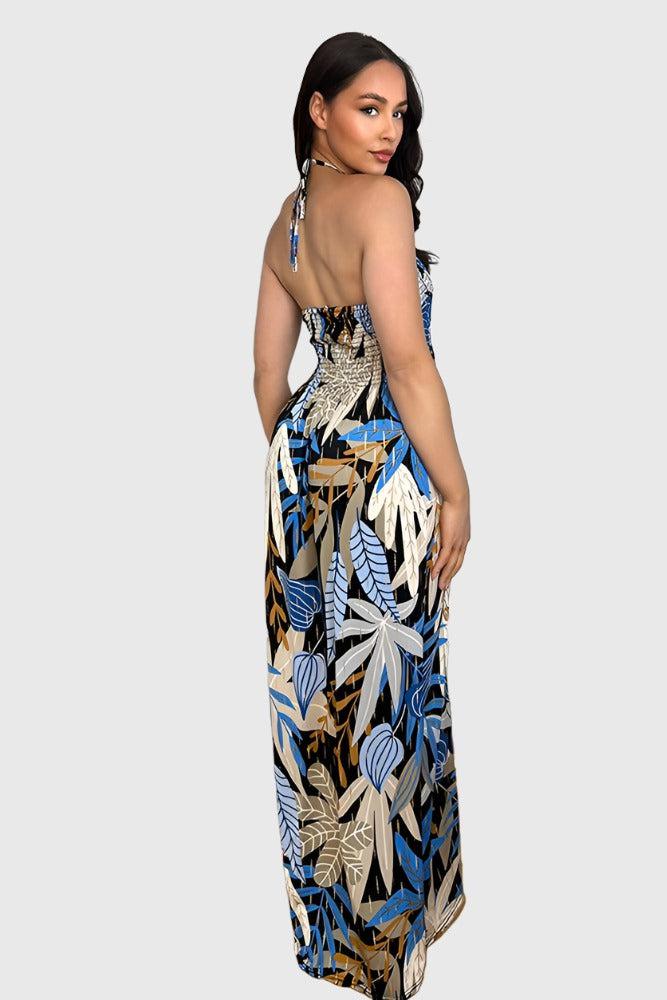 Multicolour Floral Print Shirred Bust Slinky Maxi Dress-SinglePrice