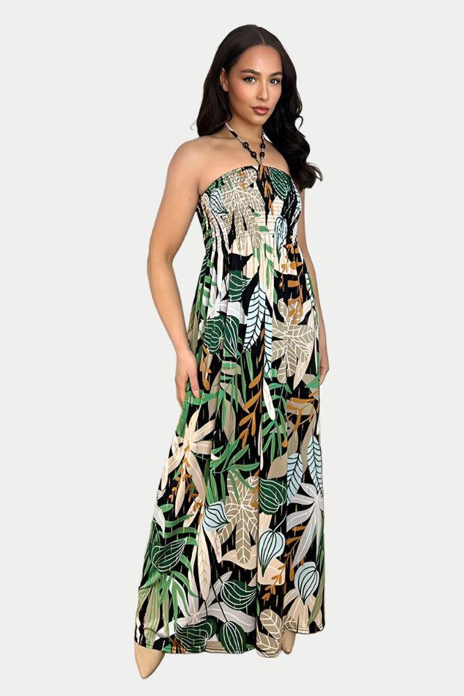 Multicolour Floral Print Shirred Bust Slinky Maxi Dress-SinglePrice