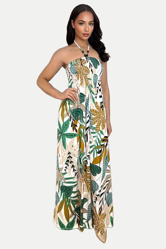 Multicolour Floral Print Shirred Bust Slinky Maxi Dress-SinglePrice