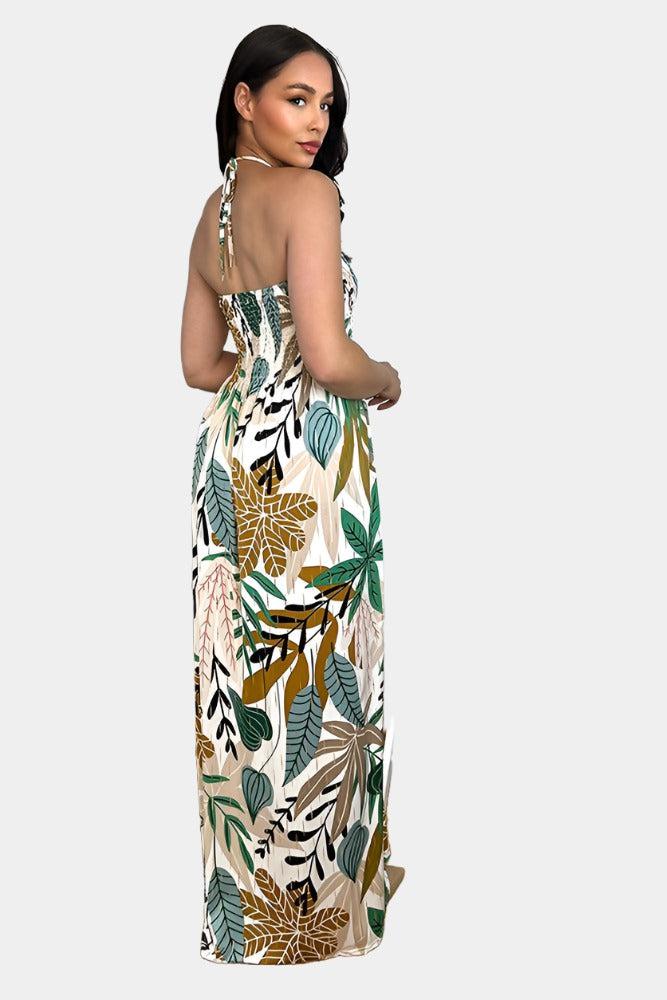 Multicolour Floral Print Shirred Bust Slinky Maxi Dress-SinglePrice