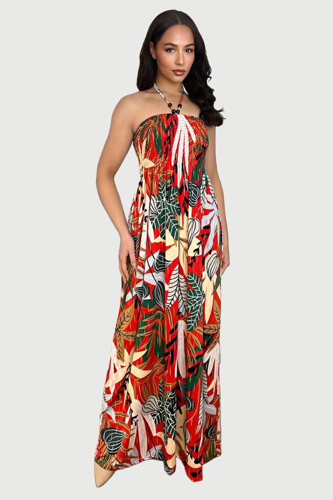 Multicolour Floral Print Shirred Bust Slinky Maxi Dress-SinglePrice