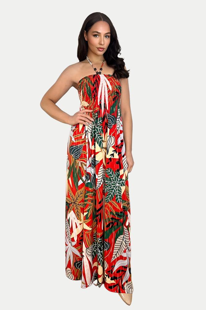Multicolour Floral Print Shirred Bust Slinky Maxi Dress-SinglePrice
