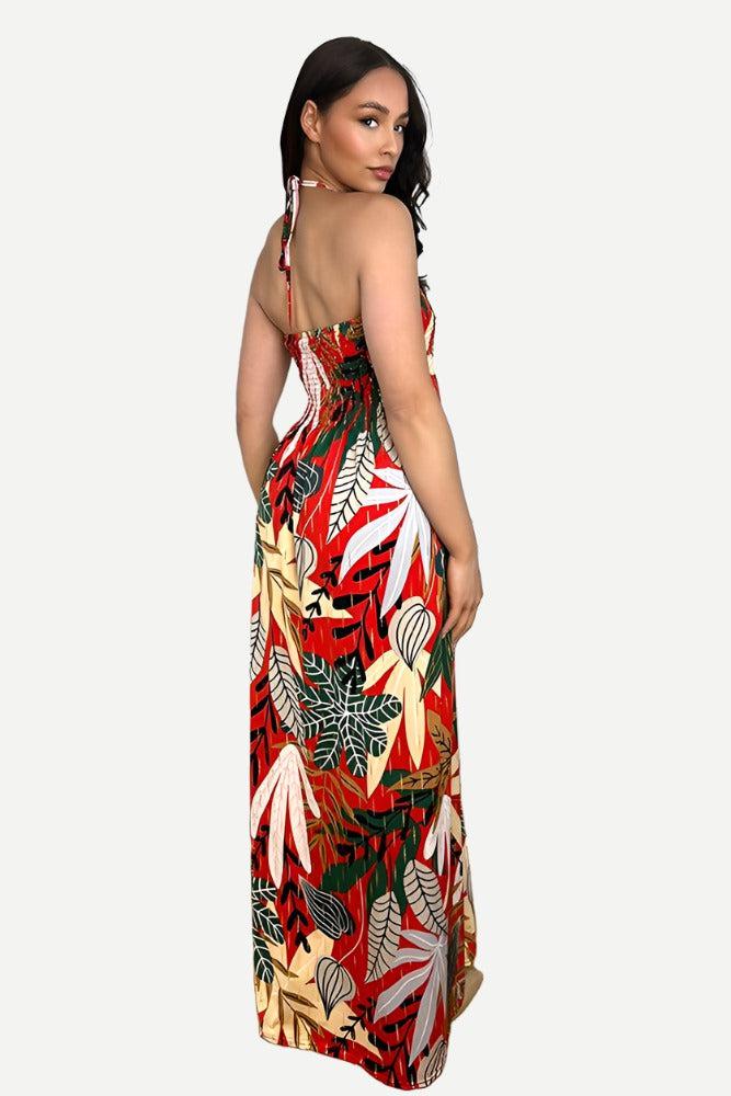 Multicolour Floral Print Shirred Bust Slinky Maxi Dress-SinglePrice