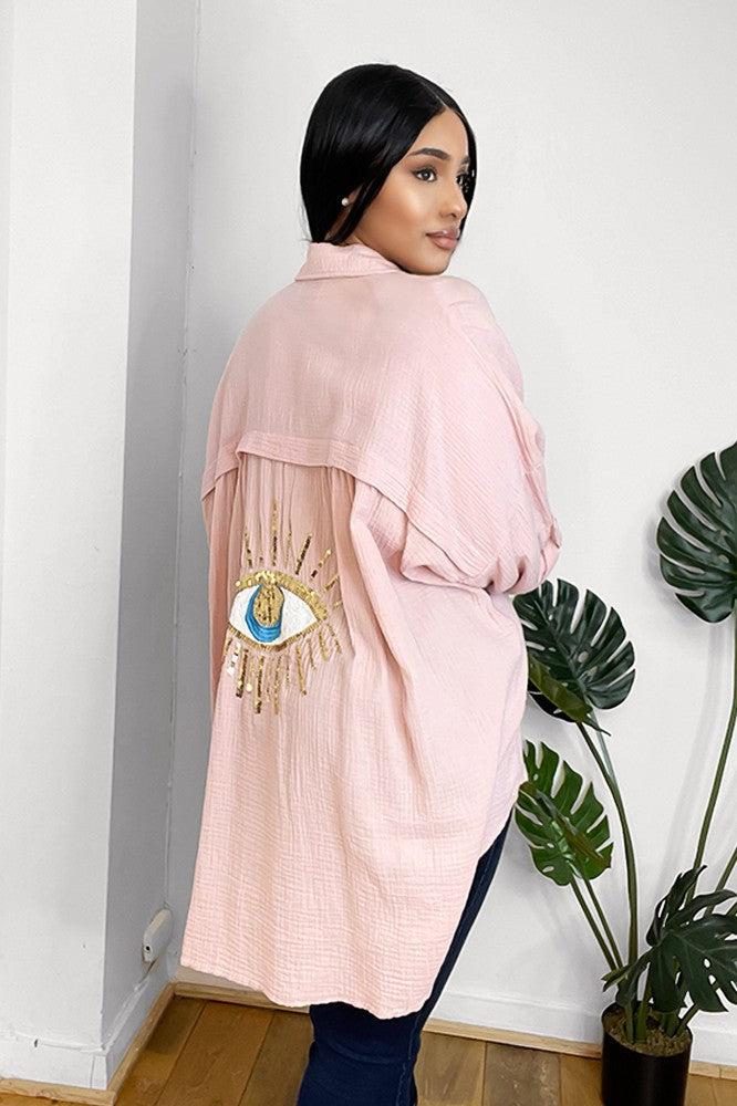 Waffle Fabric Embellished Eye Detail Shirt Dress-SinglePrice