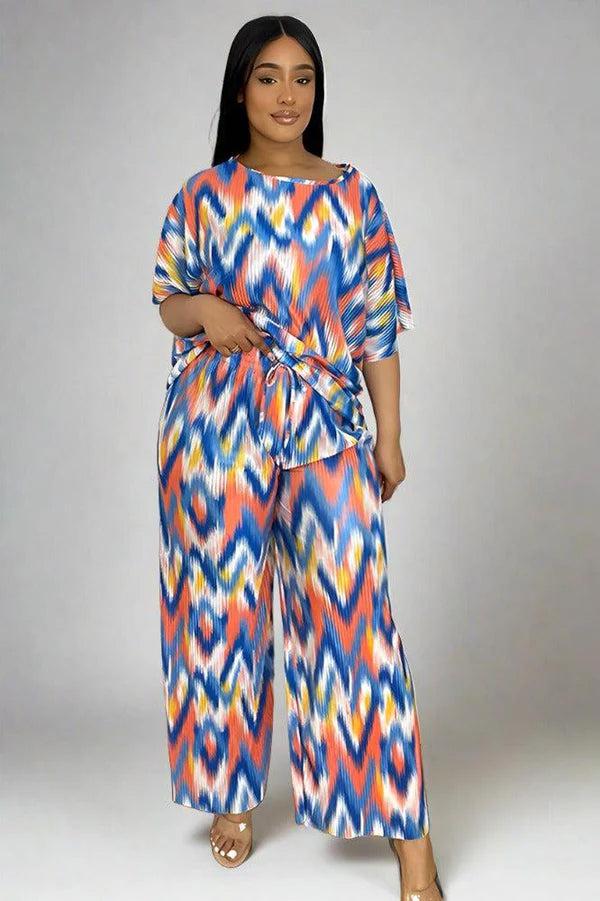 Multicolour Zig Zag Pattern Plisse Top And Trousers Set