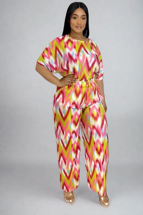 Multicolour Zig Zag Pattern Plisse Top And Trousers Set