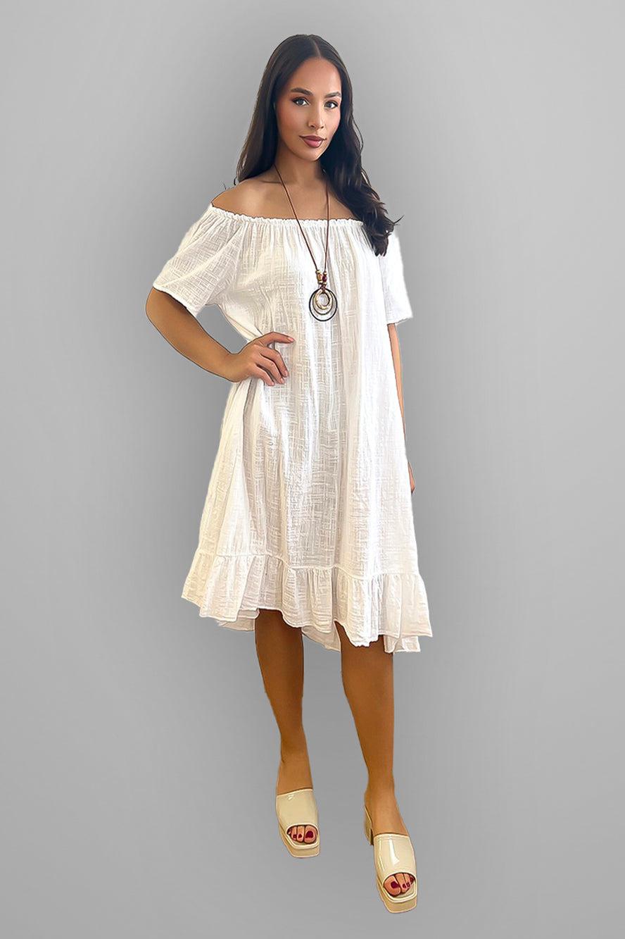 All Cotton Off Shoulder Summer Midi Dress-SinglePrice
