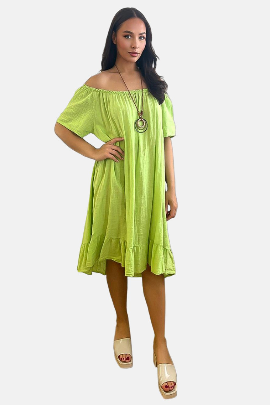 All Cotton Off Shoulder Summer Midi Dress-SinglePrice