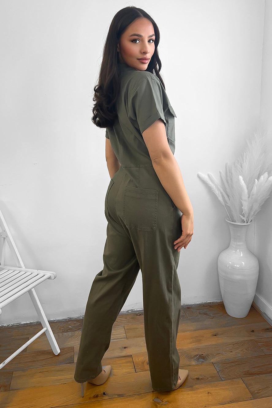 Olive Green Popper Buttons Front Cotton Blend Jumpsuit-SinglePrice