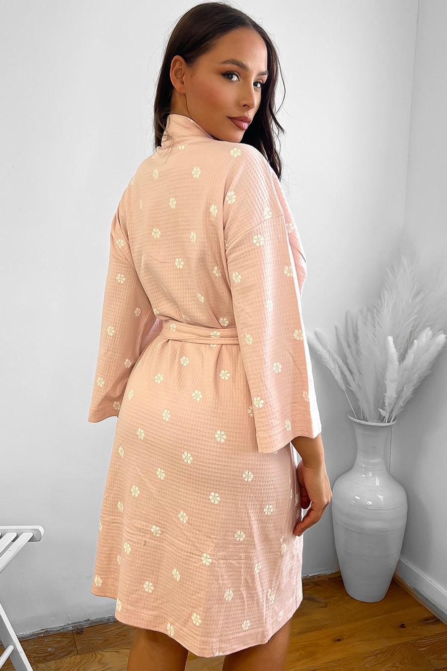 Pink 100% Cotton Waffle Fabric Mini Dressing Gown-SinglePrice