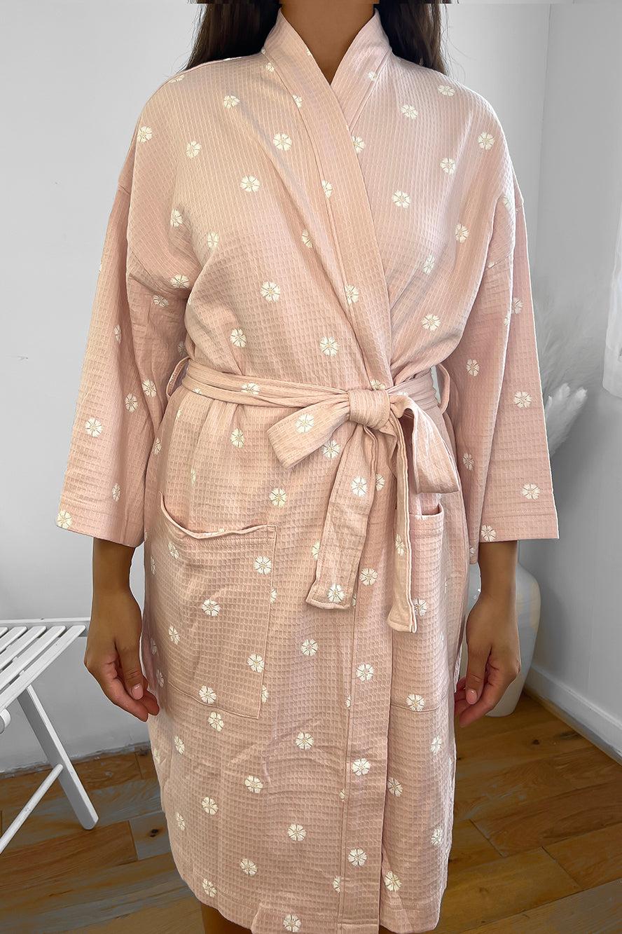 Pink 100% Cotton Waffle Fabric Mini Dressing Gown-SinglePrice