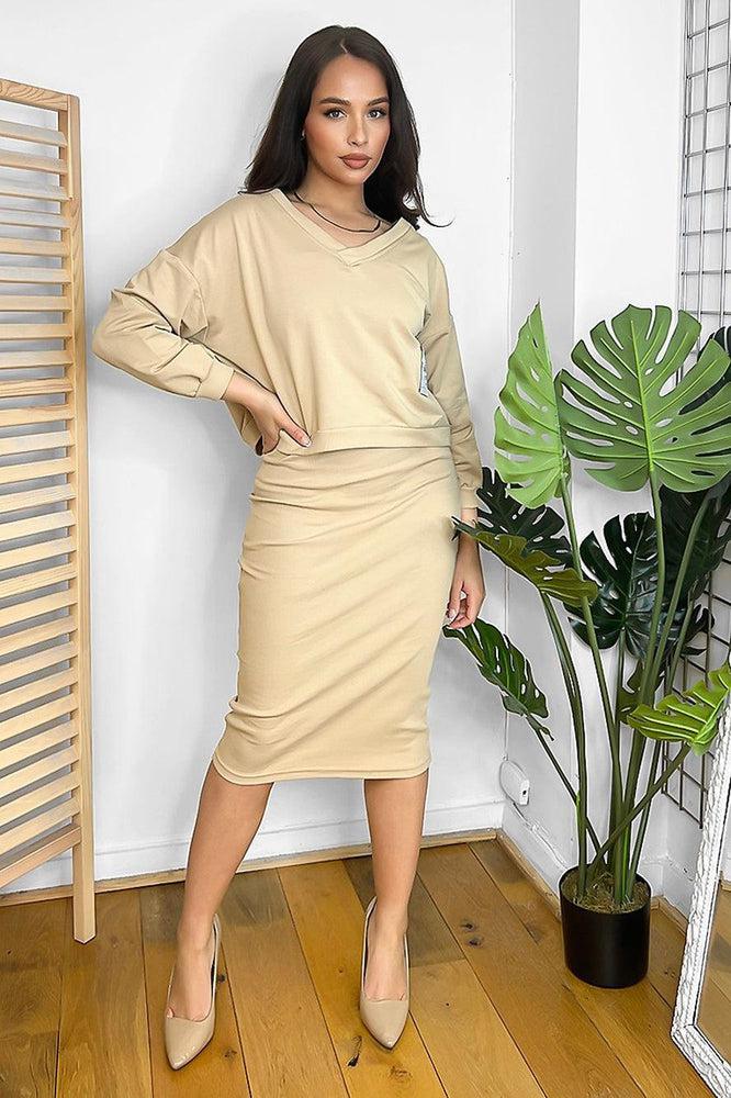 Cotton Blend Midi Dress And V-Neck Sweatshirt Set-SinglePrice