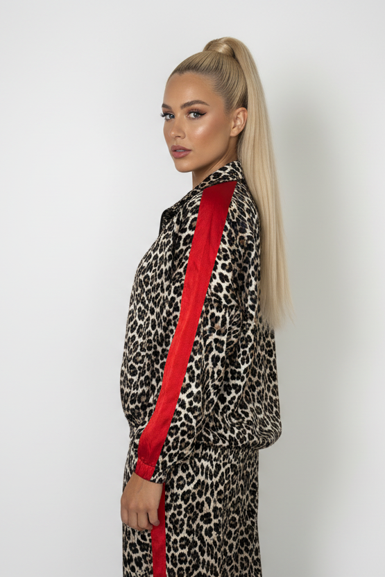Leopard Print Colour Block Stripe Zşpper Jacket And Wide Leg Trousers Thin Satin Co-ord Set-SinglePrice