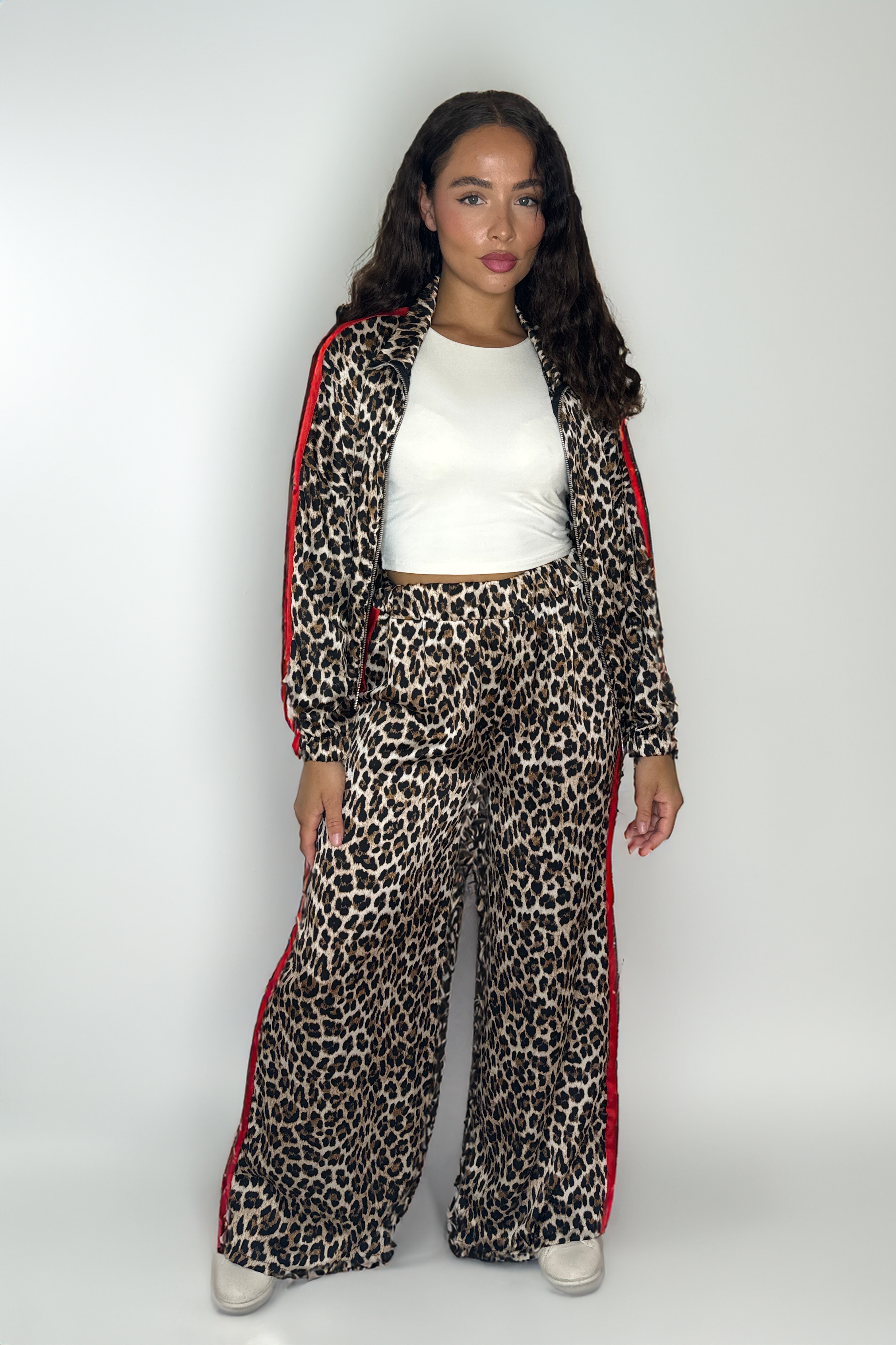 Leopard Print Colour Block Stripe Zşpper Jacket And Wide Leg Trousers Thin Satin Co-ord Set-SinglePrice