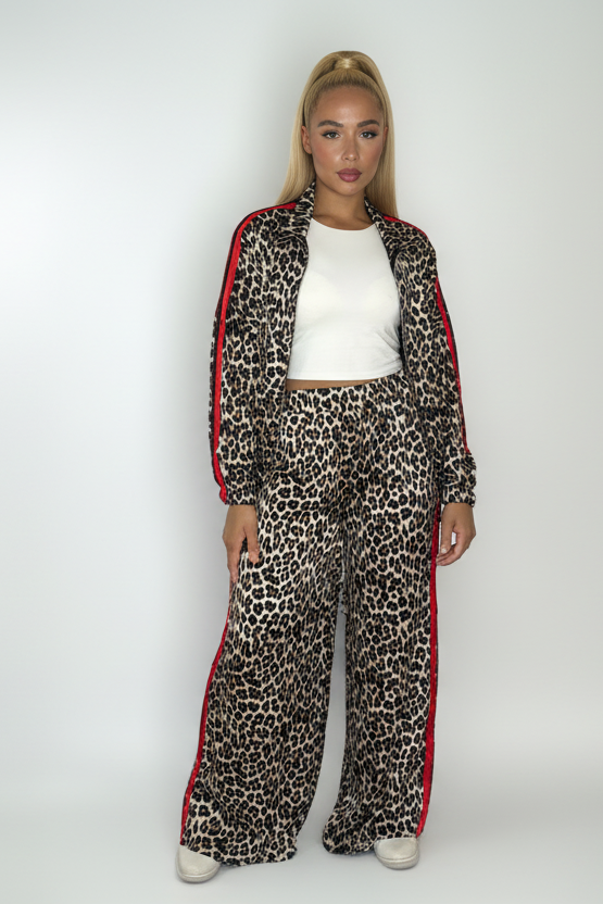 Leopard Print Colour Block Stripe Zşpper Jacket And Wide Leg Trousers Thin Satin Co-ord Set-SinglePrice