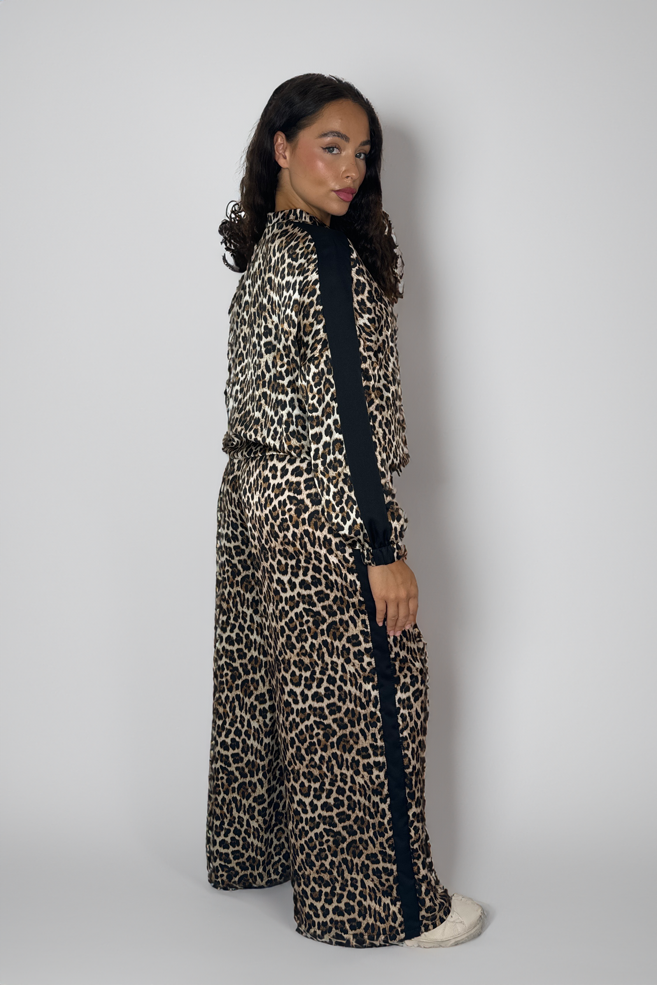 Leopard Print Colour Block Stripe Zşpper Jacket And Wide Leg Trousers Thin Satin Co-ord Set-SinglePrice