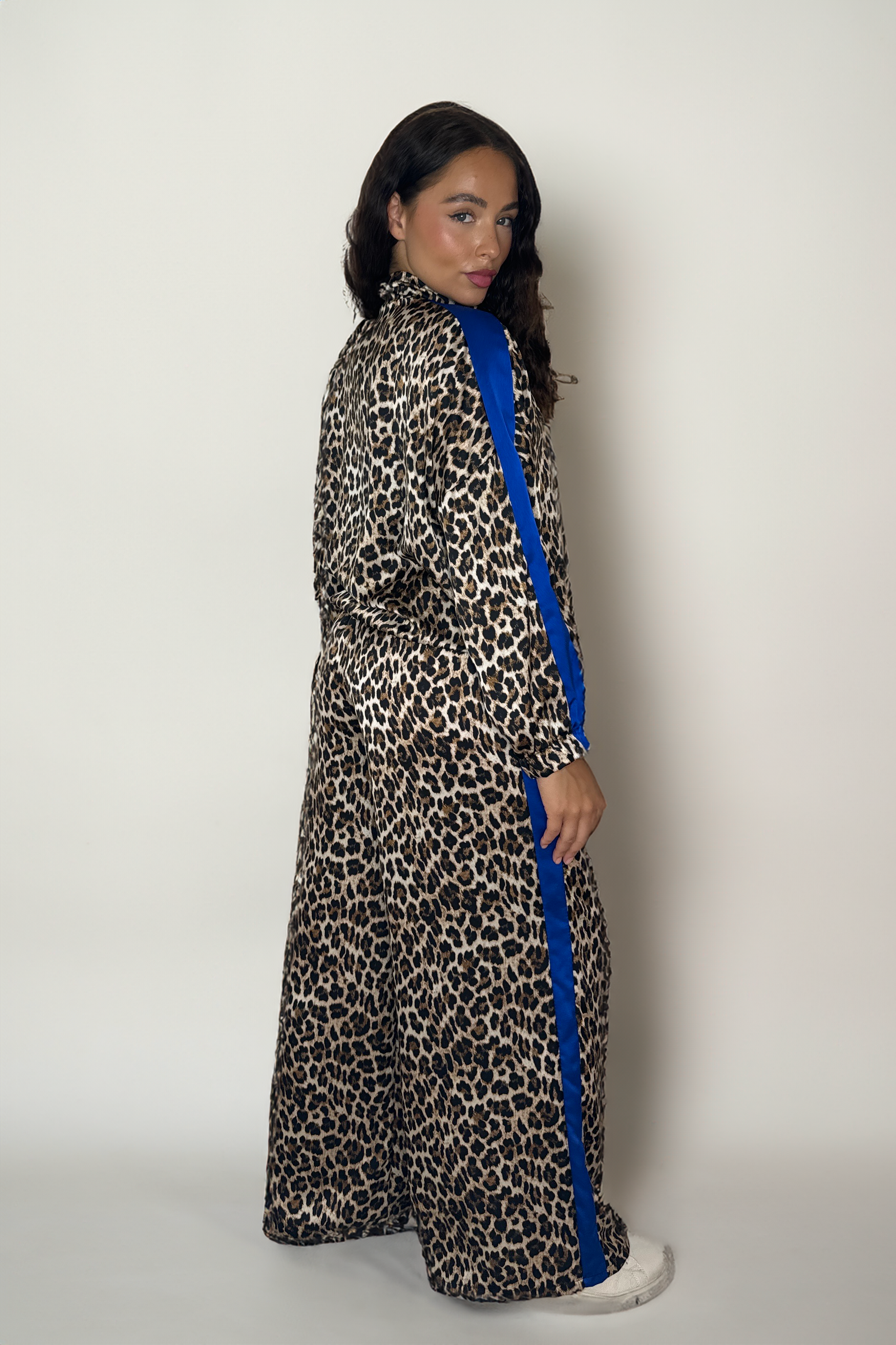 Leopard Print Colour Block Stripe Zşpper Jacket And Wide Leg Trousers Thin Satin Co-ord Set-SinglePrice