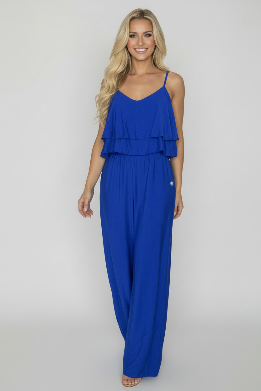 Strappy Layered Cinched Waist Viscose Blend Jumpsuit-SinglePrice