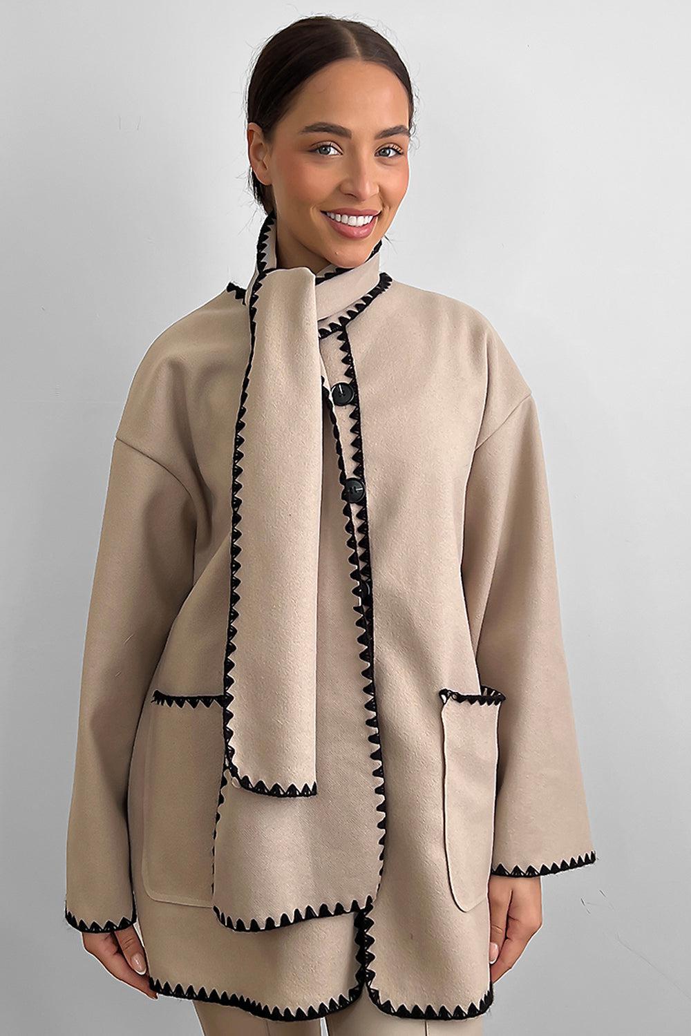 Contrast Stitch Felt Cardigan Coat With Scarf-SinglePrice