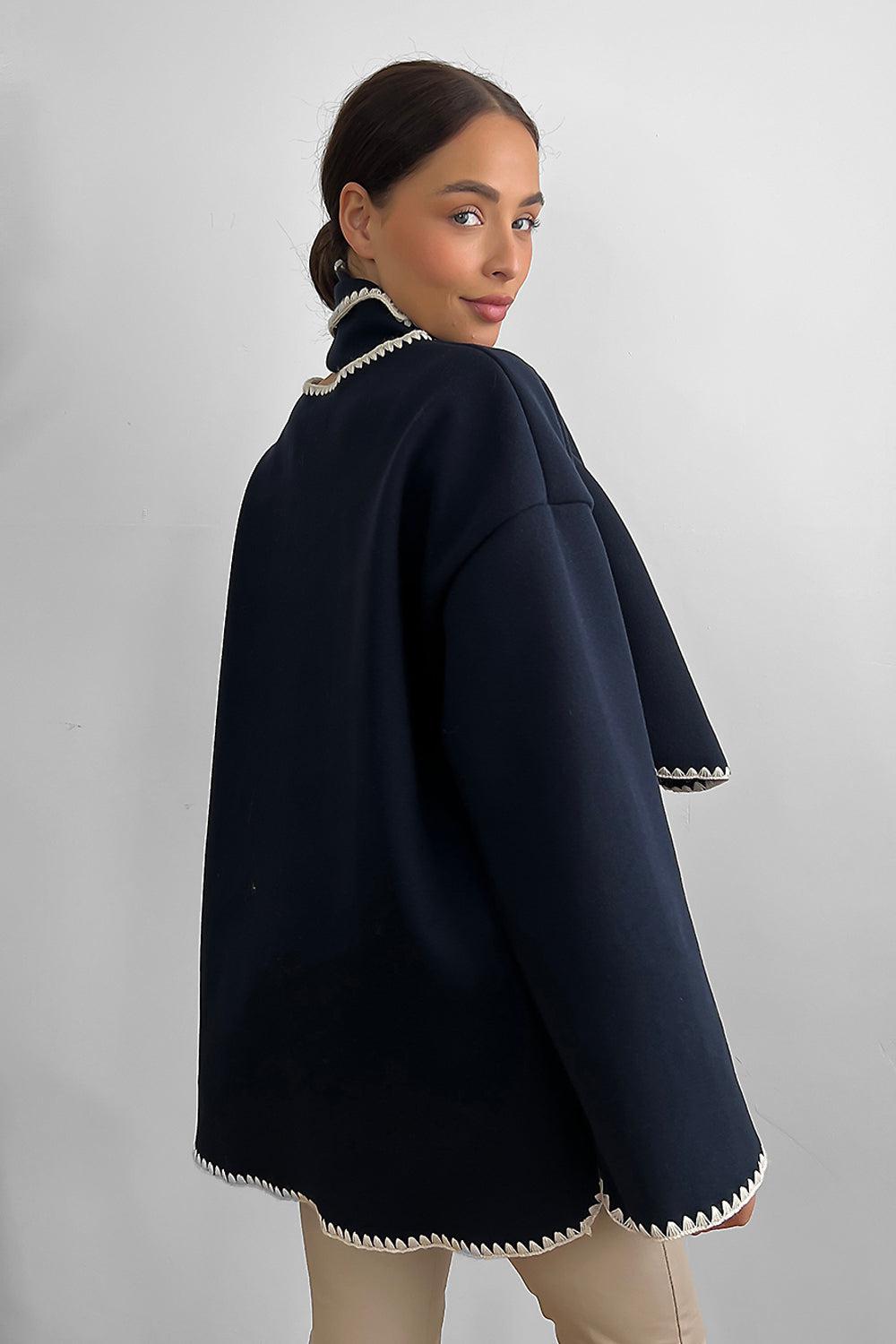 Contrast Stitch Felt Cardigan Coat With Scarf-SinglePrice