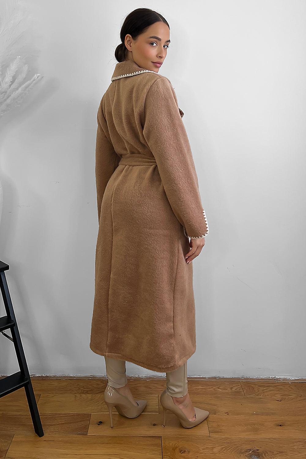 Contrast Stitch Felt Midi Tie Up Coat-SinglePrice
