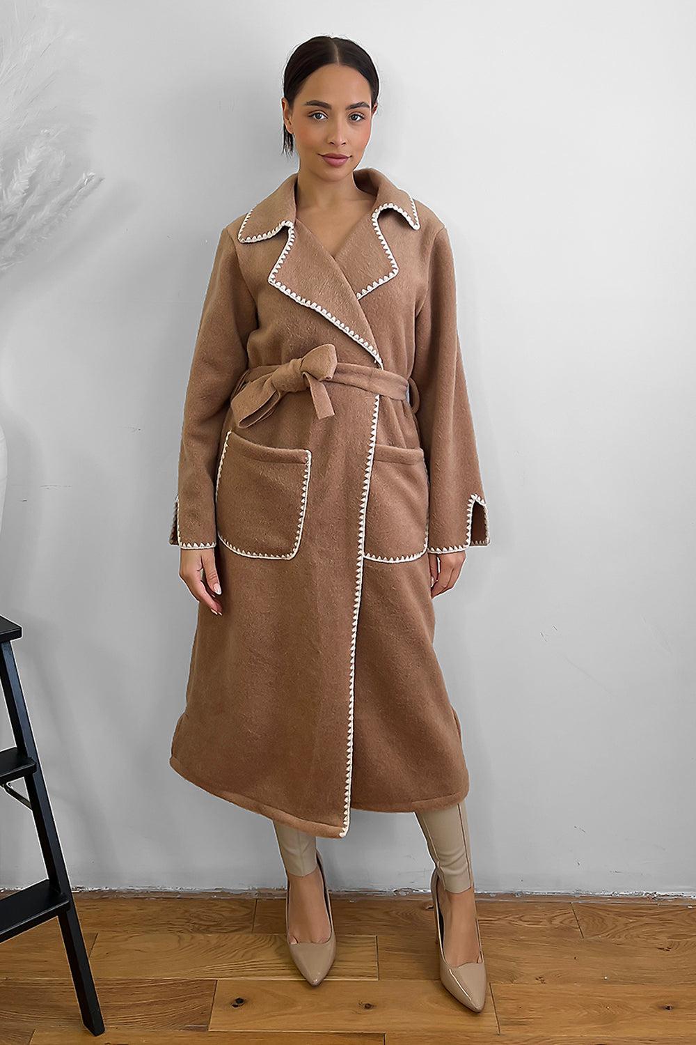Contrast Stitch Felt Midi Tie Up Coat-SinglePrice