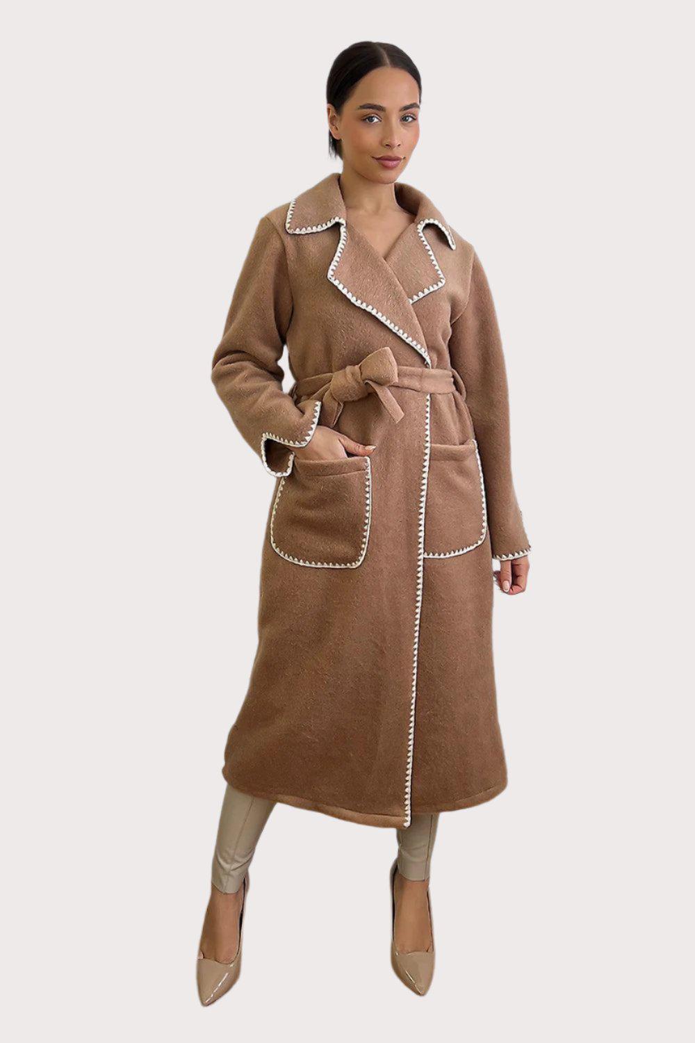 Contrast Stitch Felt Midi Tie Up Coat-SinglePrice