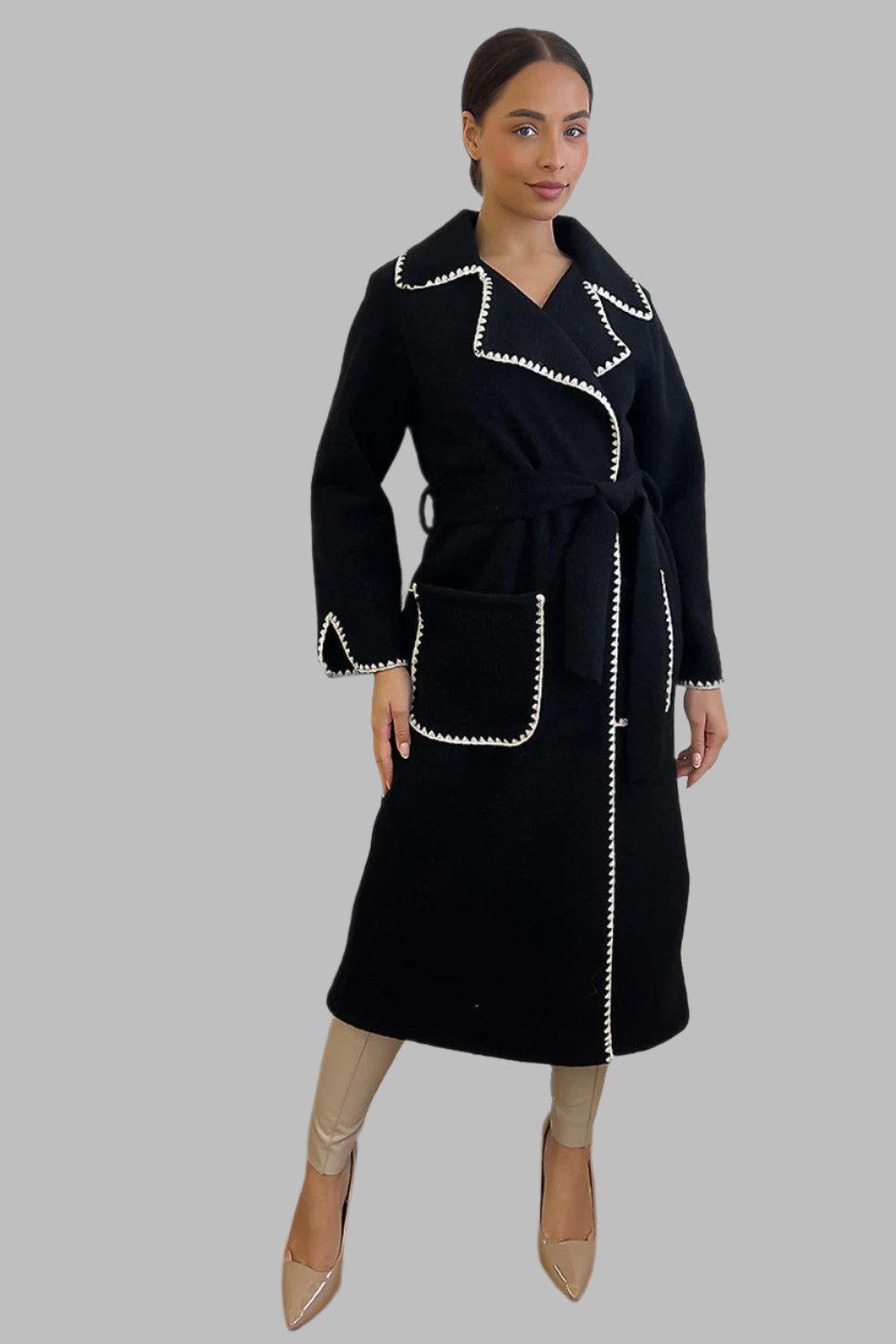 Contrast Stitch Felt Midi Tie Up Coat-SinglePrice