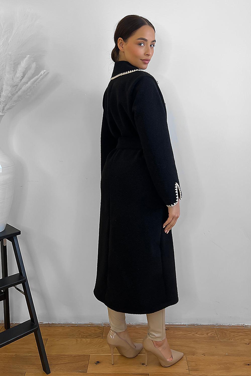 Contrast Stitch Felt Midi Tie Up Coat-SinglePrice