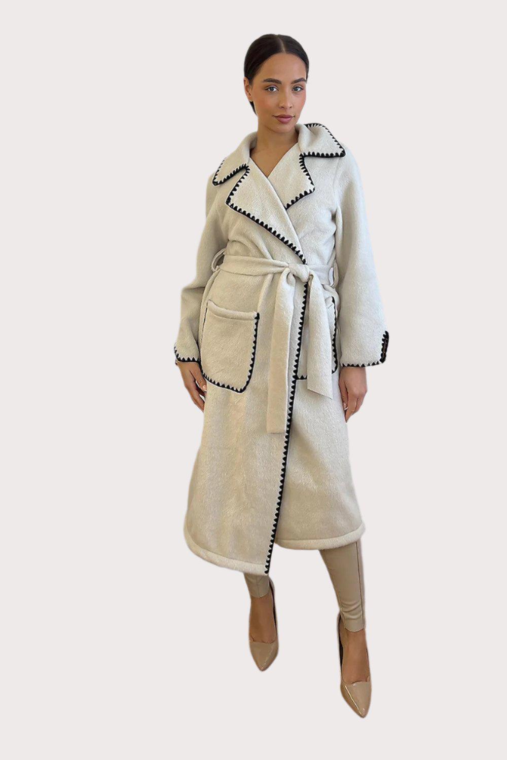 Contrast Stitch Felt Midi Tie Up Coat-SinglePrice