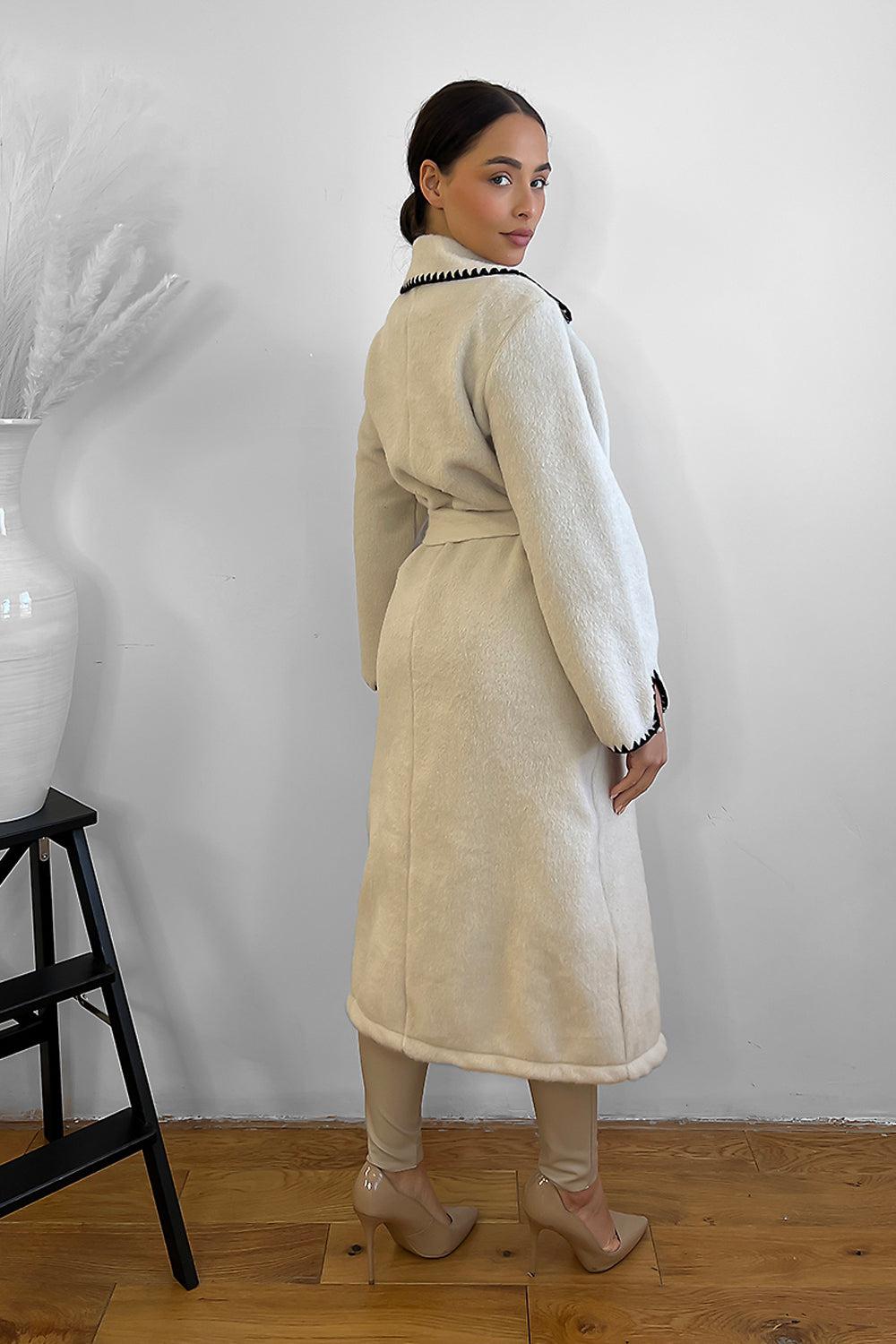 Contrast Stitch Felt Midi Tie Up Coat-SinglePrice