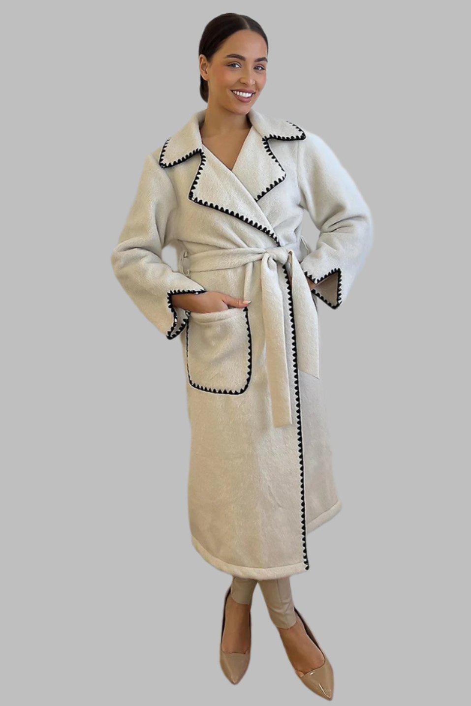 Contrast Stitch Felt Midi Tie Up Coat-SinglePrice