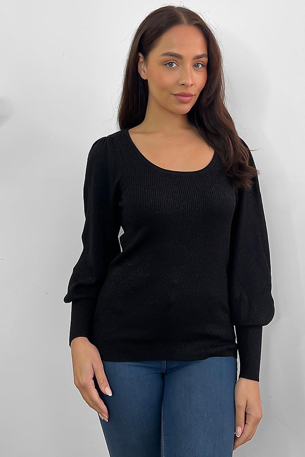 Lantern Sleeves Scoop Neck Pullover-SinglePrice