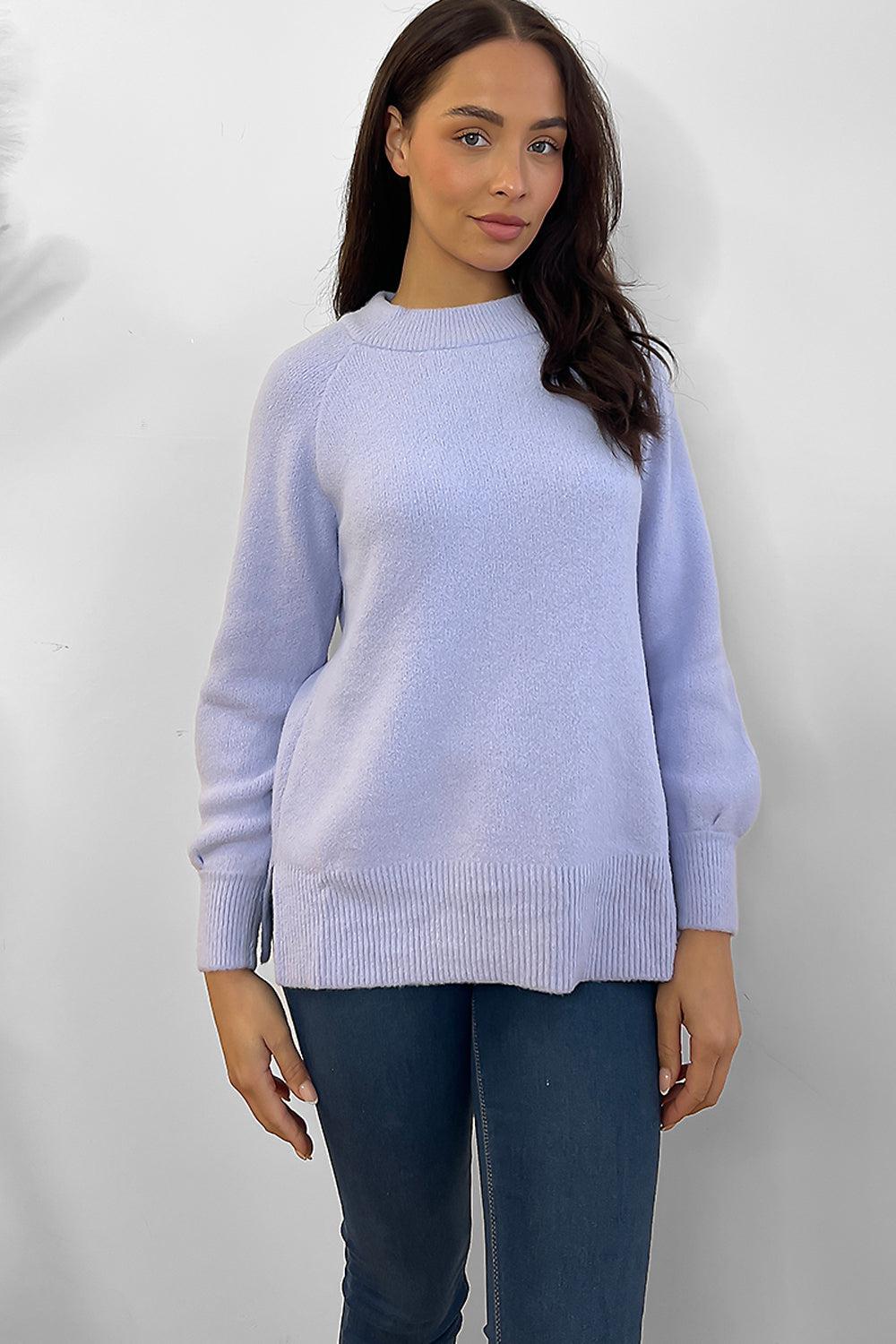 Sky Blue Round Neckline Side Splits Pullover-SinglePrice