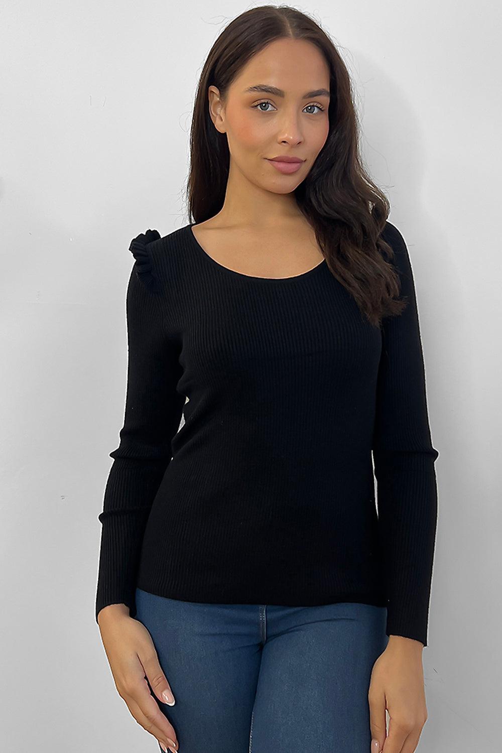 Frilled Shoulders Scoop Neck Pullover-SinglePrice