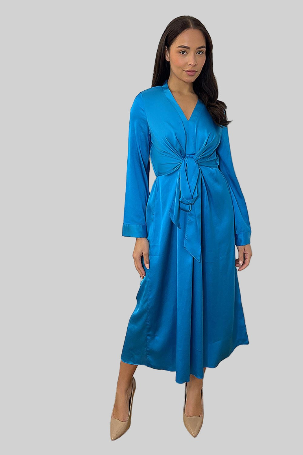 Blue Satin Front Waist Tie Shirt Dress-SinglePrice