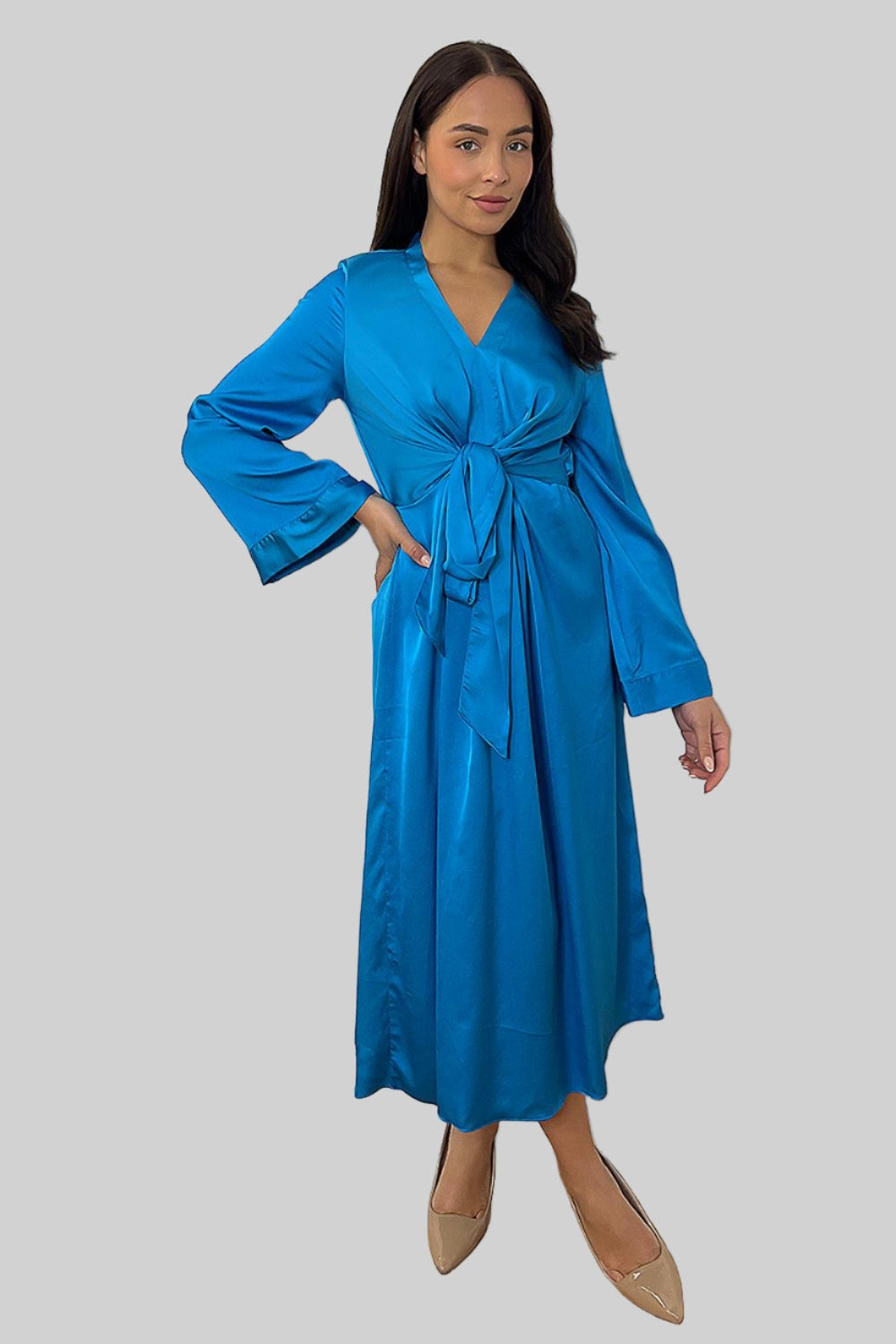 Blue Satin Front Waist Tie Shirt Dress-SinglePrice