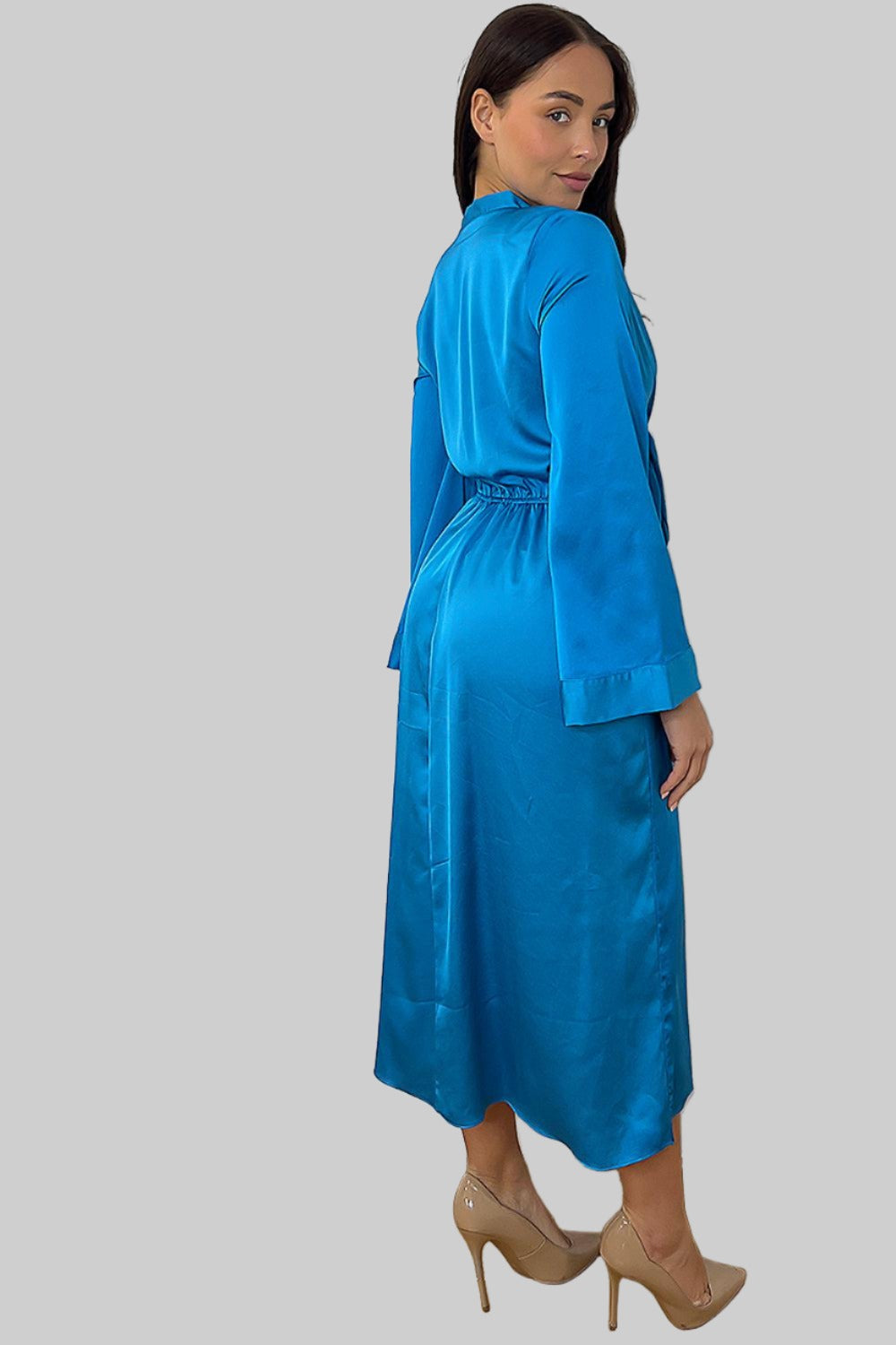 Blue Satin Front Waist Tie Shirt Dress-SinglePrice