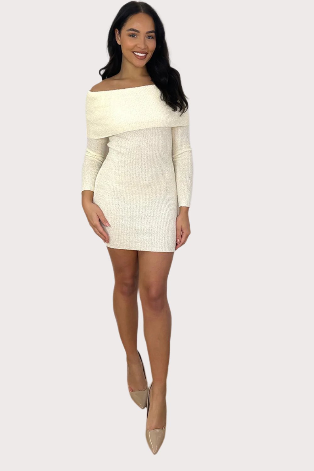 Knitted Bardot Neckline Mini Dress-SinglePrice