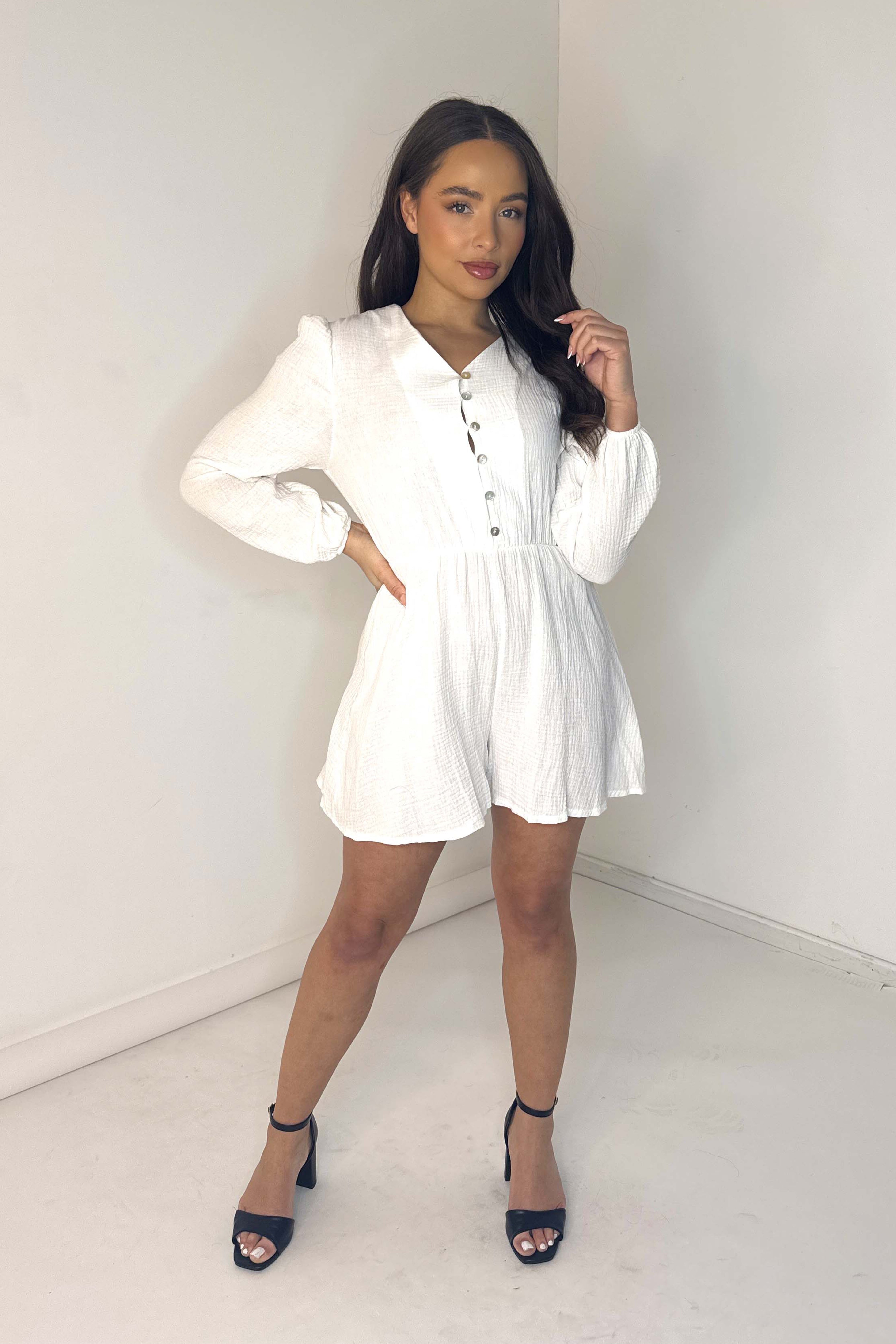 Long Sleeve Textured Cotton Playsuit