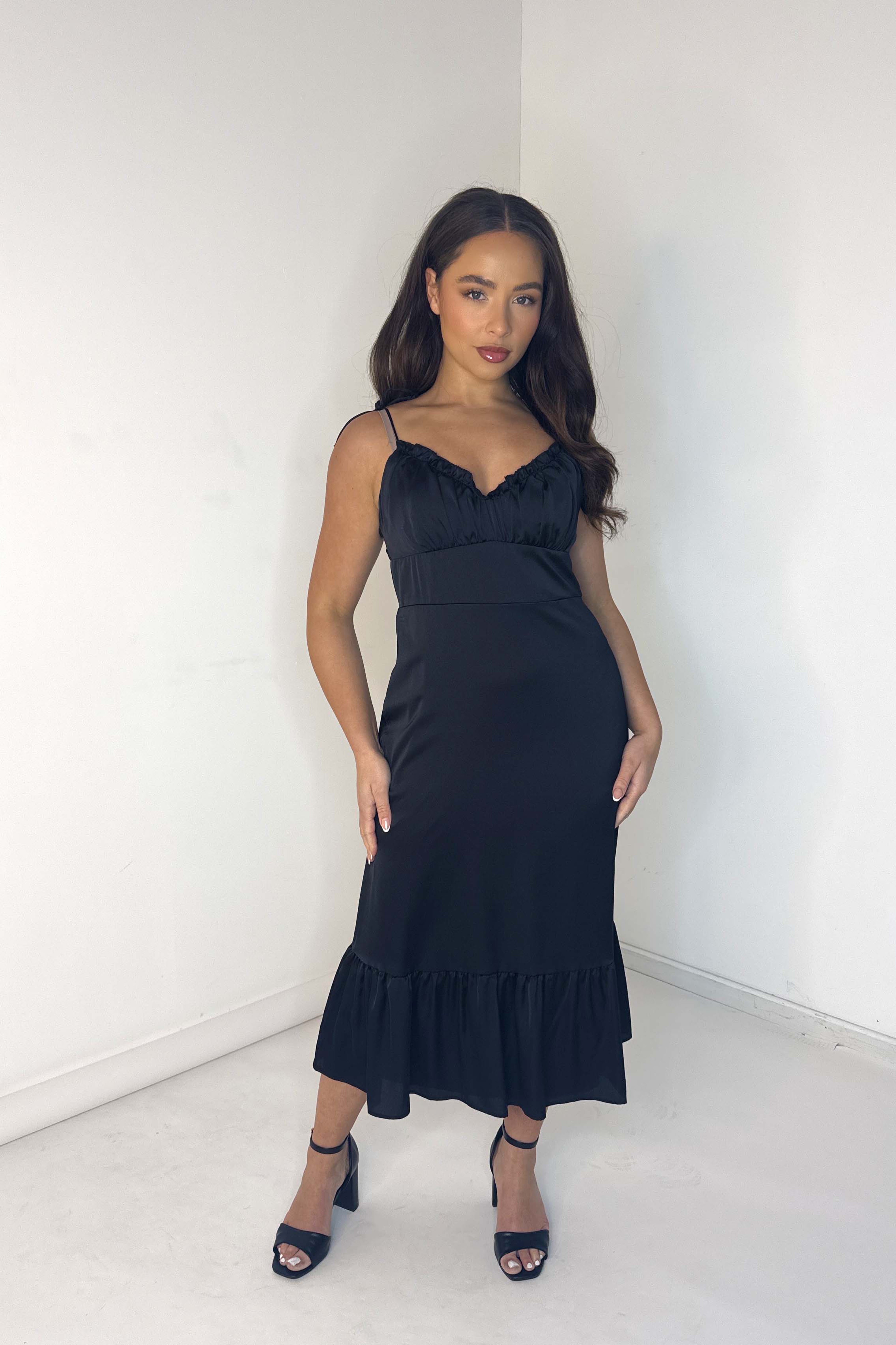 Empire Waist Strappy Flowy Black Dress