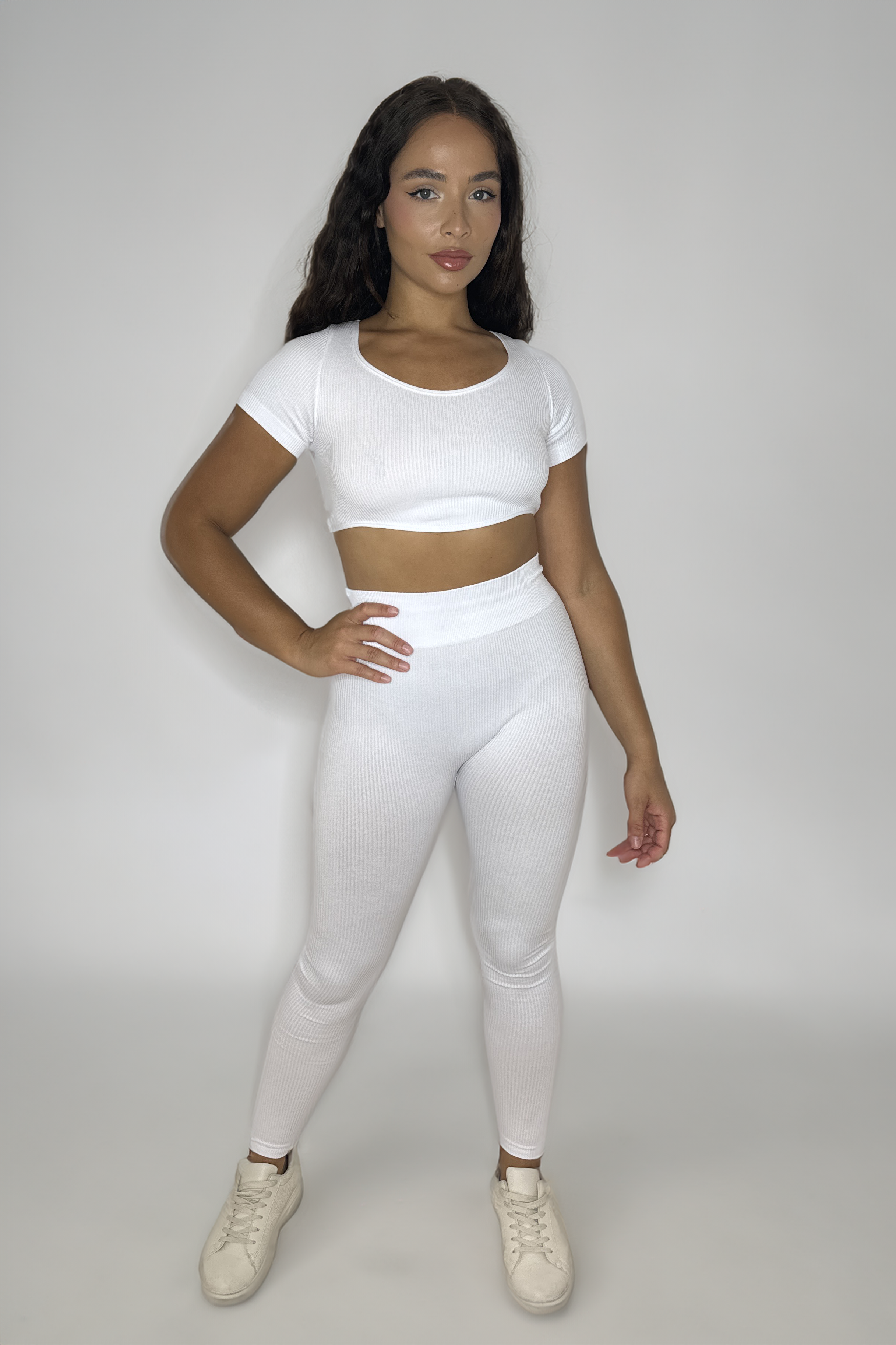 Wholesale Women's Ribbed Stretchy Short Sleeve Asymmetric Crop Top And Leggings Activewear Set (PACK OF 6)