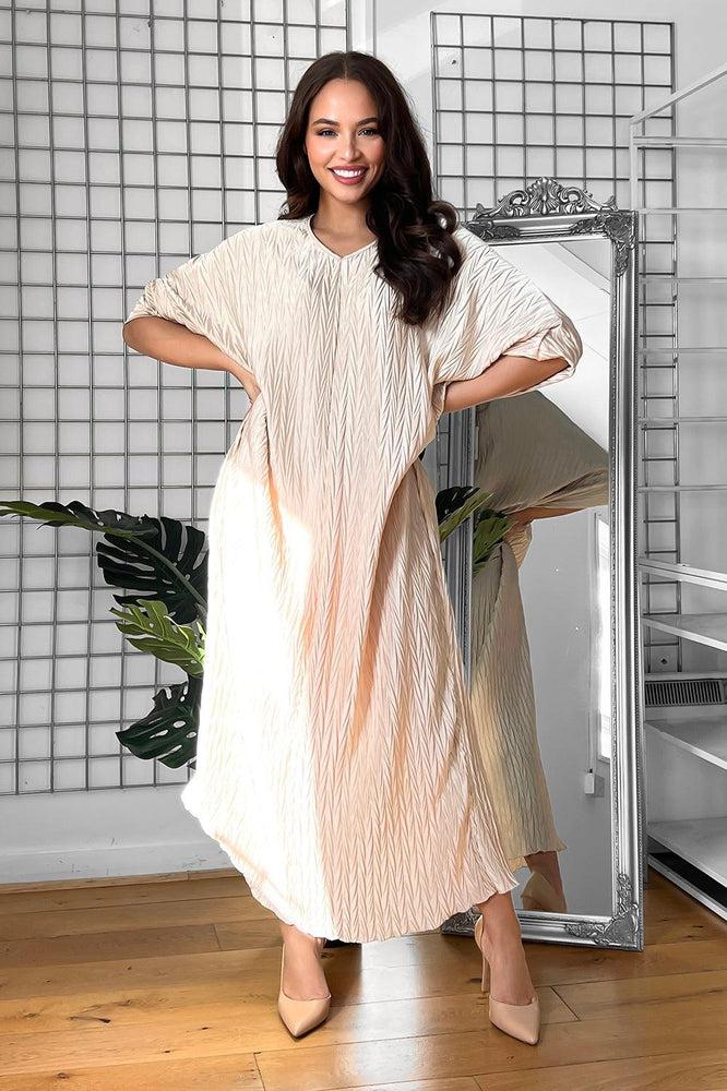 Shirred Satin Batwing Midi Dress-SinglePrice