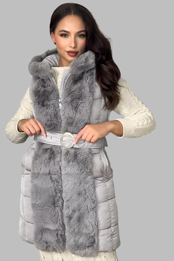 Faux Fur Trimmed Sleeveless Belted Jacket-SinglePrice