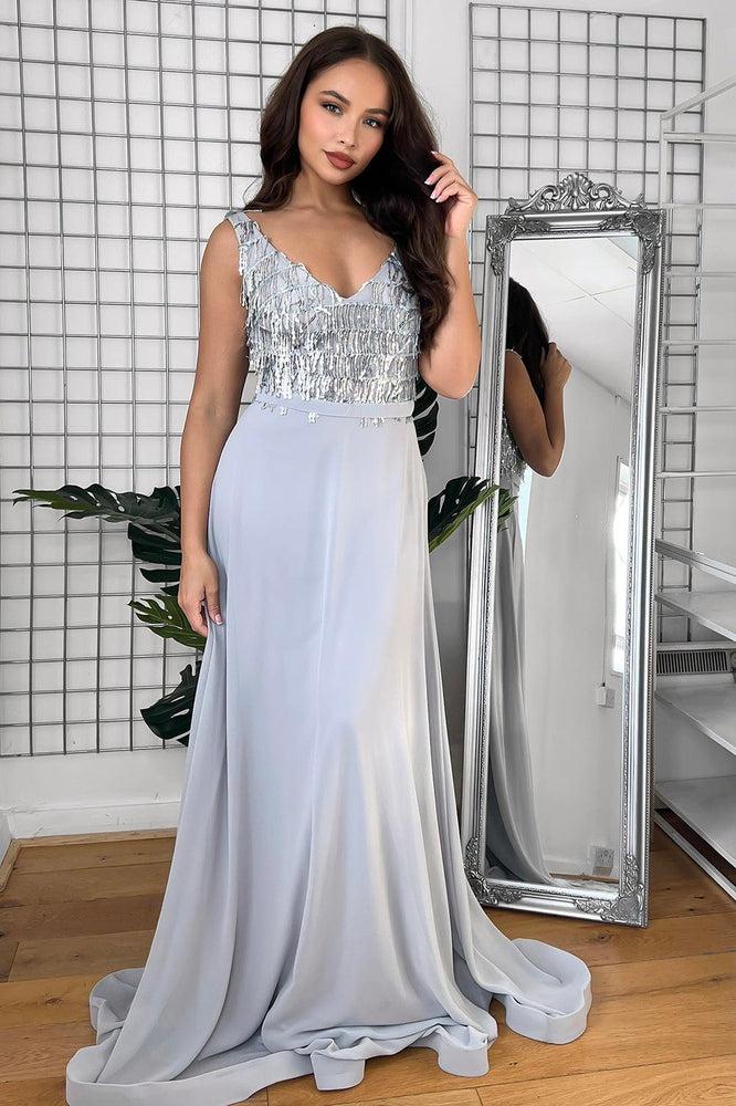 Sequinned Fringe V-Neck Sleeveless Occasion Maxi Dress-SinglePrice