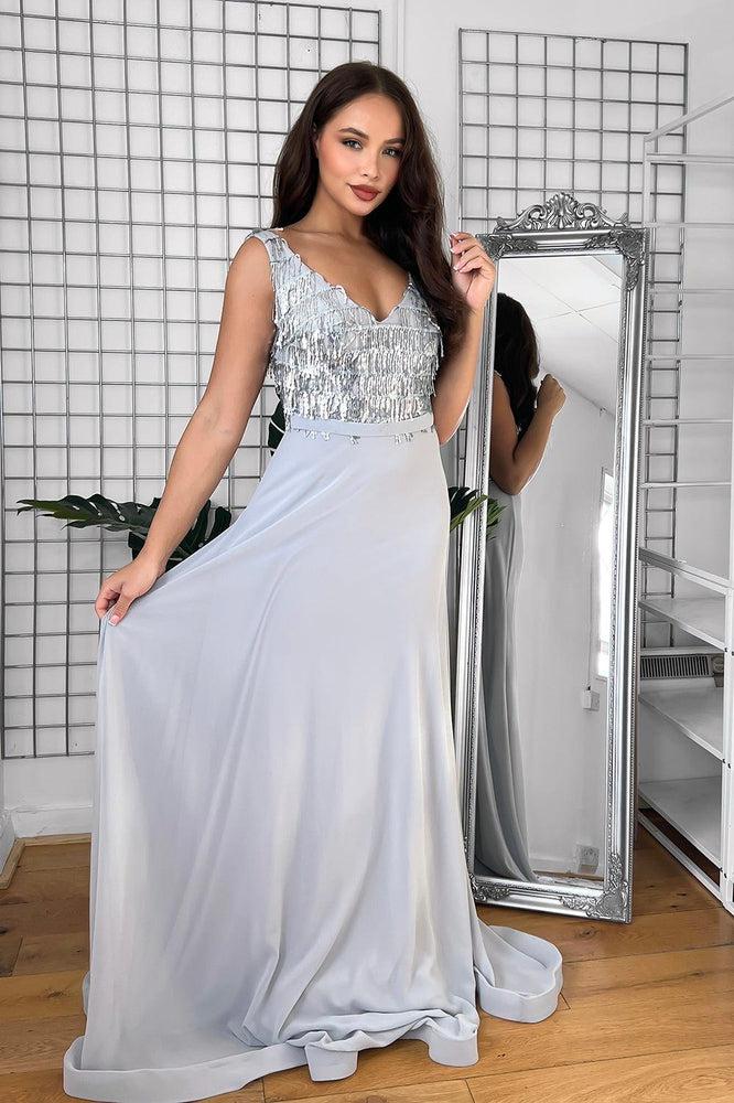 Sequinned Fringe V-Neck Sleeveless Occasion Maxi Dress-SinglePrice
