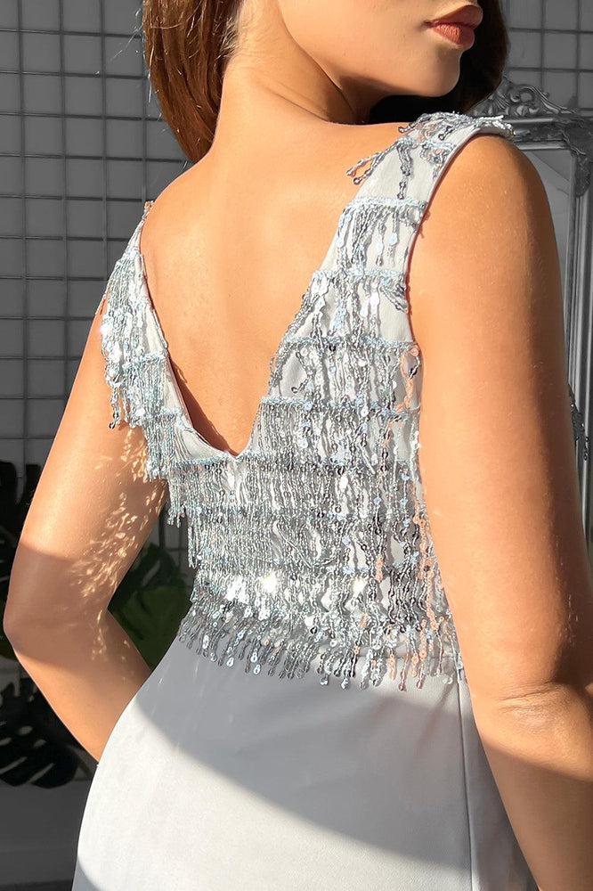 Sequinned Fringe V-Neck Sleeveless Occasion Maxi Dress-SinglePrice