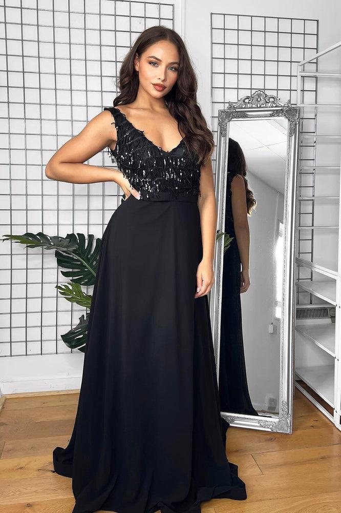Sequinned Fringe V-Neck Sleeveless Occasion Maxi Dress-SinglePrice
