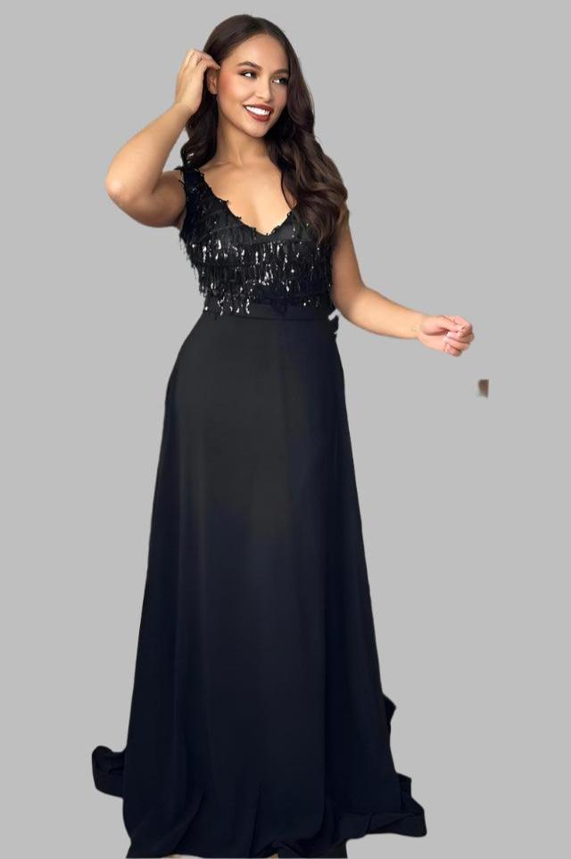 Sequinned Fringe V-Neck Sleeveless Occasion Maxi Dress-SinglePrice