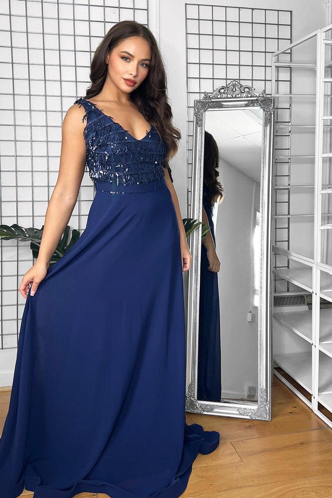 Sequinned Fringe V-Neck Sleeveless Occasion Maxi Dress-SinglePrice